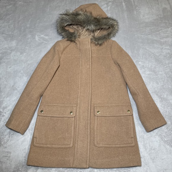 J Crew Jacket Womens Size 0P Beige Khaki Pea Coat Wool Blend Full Zip Hooded‎ - Picture 1 of 16
